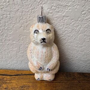 Vintage Glass Polar Bear Christmas Ornament White Glitter Germany 4 Inch